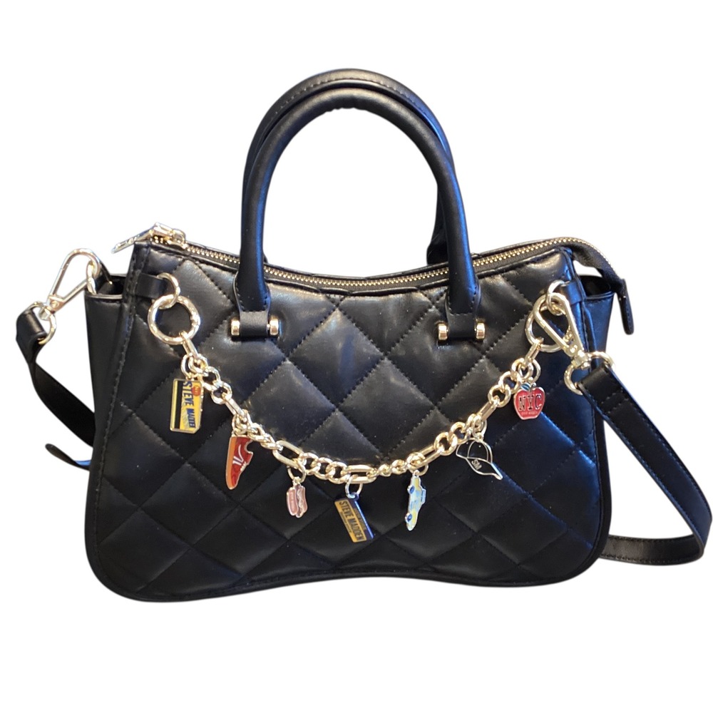 Steve Madden Sparrow Black Quilted Satchel Crossbody‎ Bag Gold Charm Chain New
